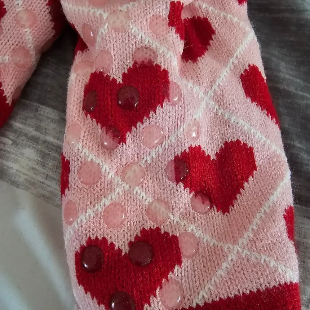 Cozy Pink and Red Heart Slipper Socks With Grip Bottoms.